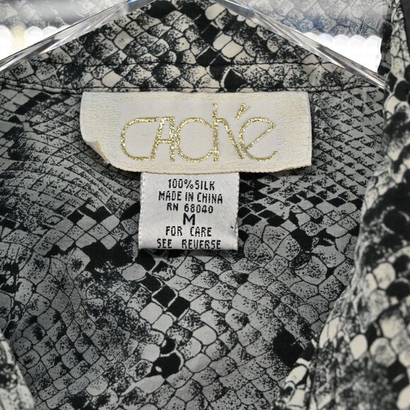 Vtg CACHE Top Womens Sz M Black Snakeskin Print Silk Faux Leather Button Up 90s - Picture 8 of 13